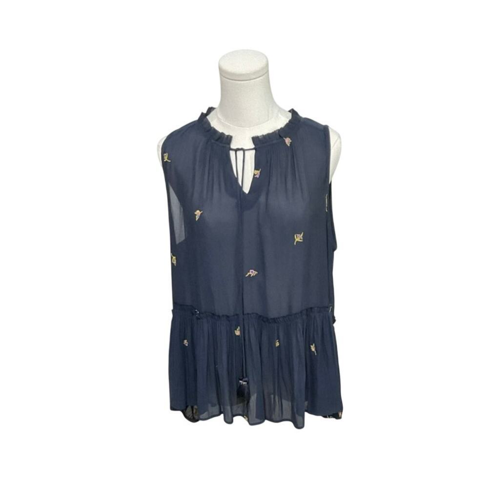 Ann Taylor LOFT Floral Sheer Peplum Top Navy Floral Size X-Large Tie Neck